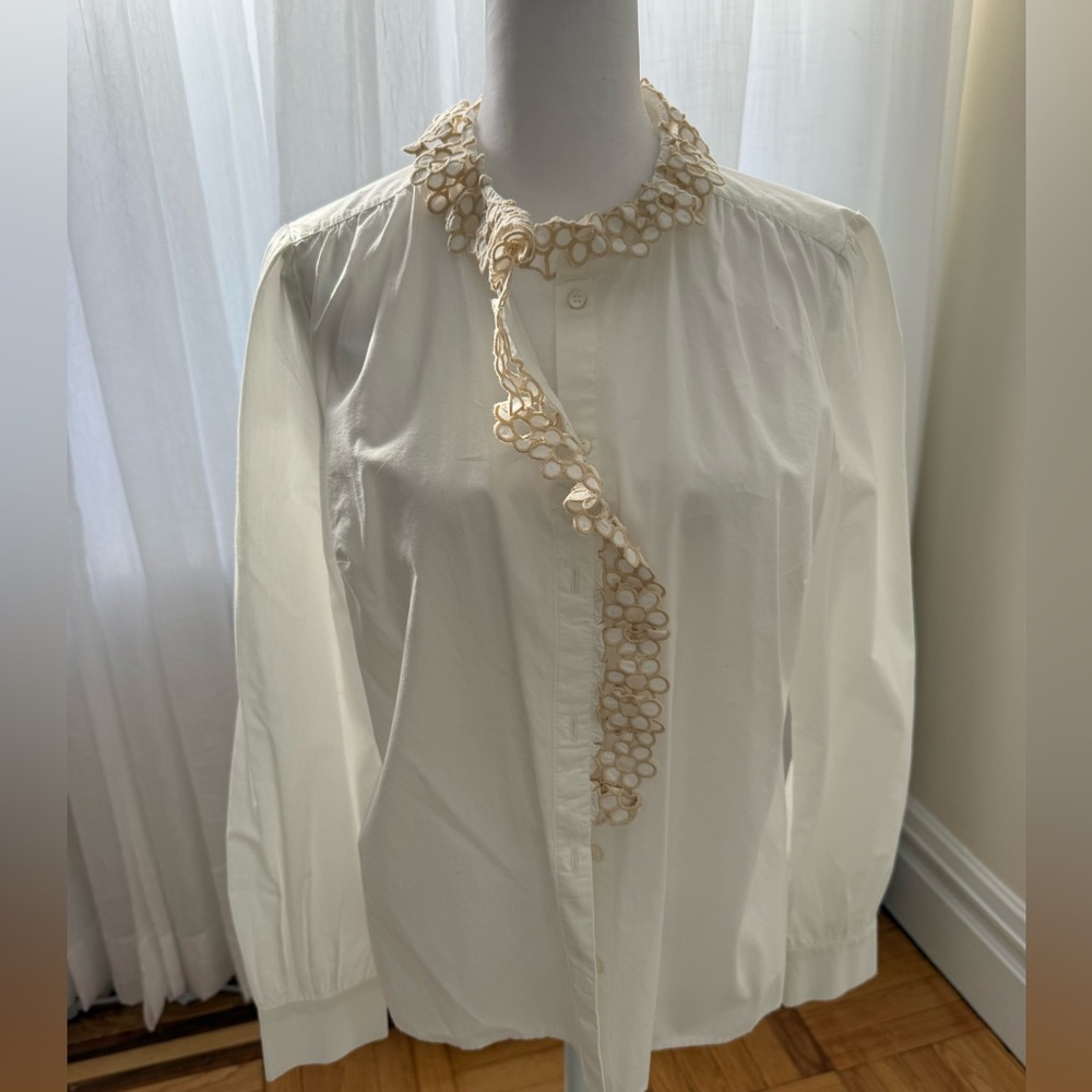 Sezane Chlo Shirt - White Blouse with Cream Accents - Size 40/US 8